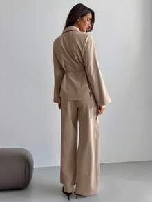 Aloruh Bộ thời trang vải lanh xám: Áo sơ mi dài tay cổ bẻ + Quần ống đứng - Màu Khaki - Xem 2