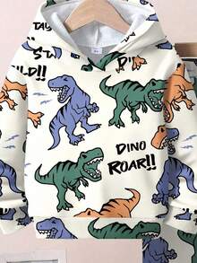 SHEIN 2 件套男童休闲宽松恐龙印花连帽衫和裤子套装，适合秋冬季