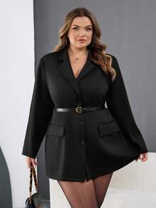 SHEIN CURVE+ Blazer elegante de manga larga con botones frontales y cintura anudada, de unicolor, estilo francés, talla grande, para invierno - Negro - Ver 4