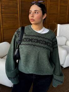 Dazy Plus Plus Size Women Loose Fit Patterned Jacquard Colorblock Christmas Holiday Pullover Sweater, Autumn/Winter