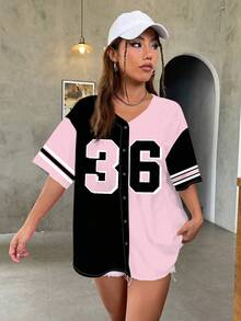SHEIN EZwear 女士宽松前开短袖衬衫棒球夹克，适合夏季 - 黑色 - 查看 7