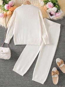 Tween Girl Cable Pattern Long Sleeve Sweater And Knit Pants Casual Set, Autumn/Winter