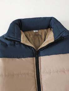 SHEIN 青少年男童牛仔棉衣，男童冬季新款棕色拼布开衫拉链立领外套男童厚棉衣，时尚冬季外套，儿童户外街头服饰，适合上学、聚会 - 卡其色 - 查看 5