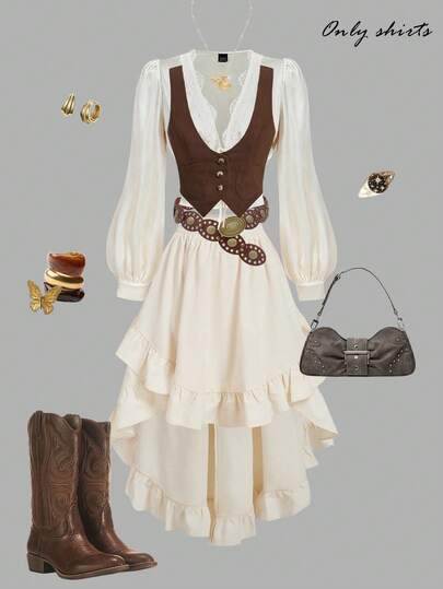 SHEIN MOD Women's Solid Color Lace Patchwork Casual Daily Deep V-Neck Long Sleeve Puff Sleeve Silk Blouse, For Wedding Guest,Going Out