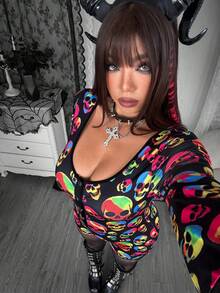 Whyspr Grunge Punk Plus Size Women Skeleton Print Y2K Colorful Skull Jumpsuit, Punk Goth Style For Autumn/Winter Halloween - Multicolor - View 3