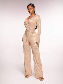 Radiana Bộ jumpsuit sequin màu sâm panh quyến rũ, gợi cảm dành cho nữ, cổ chữ V, tay dài, thích hợp cho các buổi tụ họp, sinh nhật, tiệc tùng, tiệc chiêu đãi, câu lạc bộ, hộp đêm, Giáng sinh, đêm giao thừa, các ngày lễ; dạ hội; váy dạ hội. - Rượu sâm banh - Xem 6