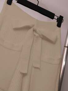 Franclia 2 件套女士休闲纯色针织毛衣套装，有领纽扣开衫和前蝴蝶结口袋针织裤 - 卡其色 - 查看 4