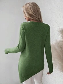 EMERY ROSE Women's Crew Neck Solid Color Drop Shoulder Long Sleeve Casual Knit Pullover Sweater - Army Green - View 2