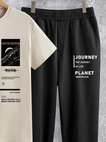 Manfinity Homme Moon & Black Hole Graphic Letter Print Casual Knit Khaki Short Sleeve Top & Black Pants Set, Plus Size Men - Khaki - View 3