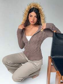 Aloruh 少女秋冬新款针织开衫，麻花针织拼布长袖棕色毛衣 - 棕色 - 查看 6