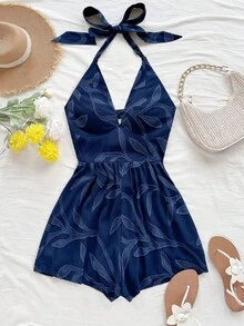 Soleia 女士度假棕色柳条纹理 V 领露背系带蝴蝶结开襟连体衣，适合海滩、音乐节、嬉皮士、派对、约会、下午茶 - 藏蓝色 - 查看 7
