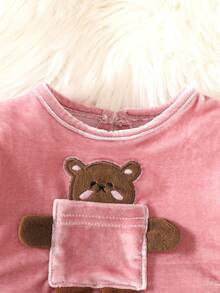 SHEIN Newborn Baby Pink Dress With 3D Bear Pocket, Sweet & Cute Style, Winter Fall - Pink - View 8