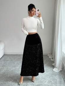 Rafferiza Women's New Fashionable Sequin Shiny High-End Solid Color Elastic Waist Skirt, Ideal For Parties And Dates, Luxurious And Elegant - Black - View 4