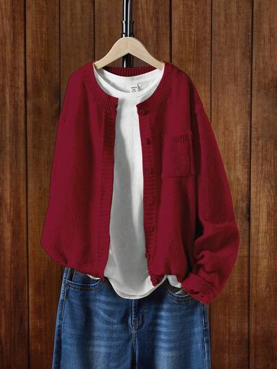 SHEIN Unity 女式纯色落肩长袖口袋休闲针织开衫，秋冬