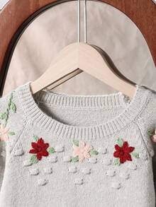 Girls' Countryside Handmade Embroidery Cute Crew Neck Long Sleeve Knit Sweater Top, Autumn/Winter - Grey - View 3