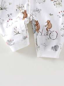 Baby Boy Elephant & Plant Print Front Button Long Sleeve Jumpsuit, Comfortable And Soft