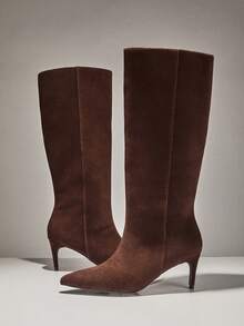 SHUZIA Women Low Heel Minimalist Basic Everyday Comfort Faux Suede Knee-High Boots For Christmas - Chocolate Brown - View 6