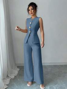 Selianne Bộ đồ thường ngày/đi làm trang trí cúc hoa thanh lịch dành cho nữ - Màu xanh lam - Xem 4