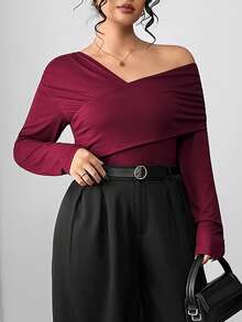 Selianne Plus Size Solid Color One Shoulder Long Sleeve Fitted Top - Burgundy - View 2