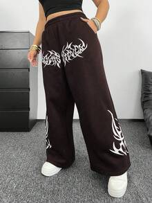 POPSWAY Calça Jogger Casual Reta e Solta com Estampa Floral Gótica Plus Size, Adequada para Formatura, Volta às Aulas, Roupas de Professor - Café - Visão 7