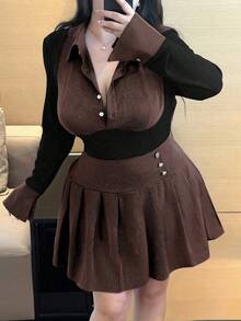 Vibekara 大码女式罗纹撞色针织上衣和松紧腰百褶中长裙两件套 - 彩色 - 查看 1