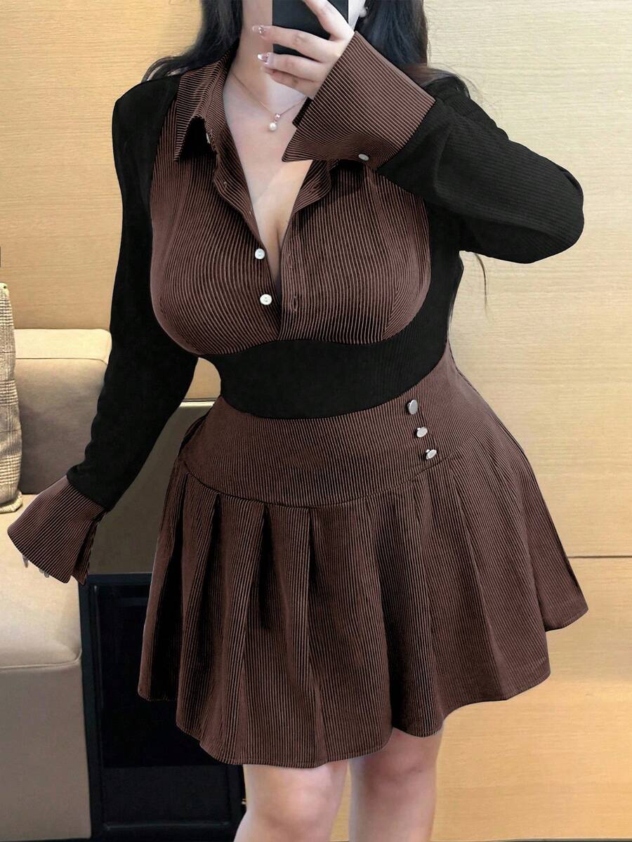 Vibekara 大码女式罗纹撞色针织上衣和松紧腰百褶中长裙两件套 - 彩色 - 查看 1