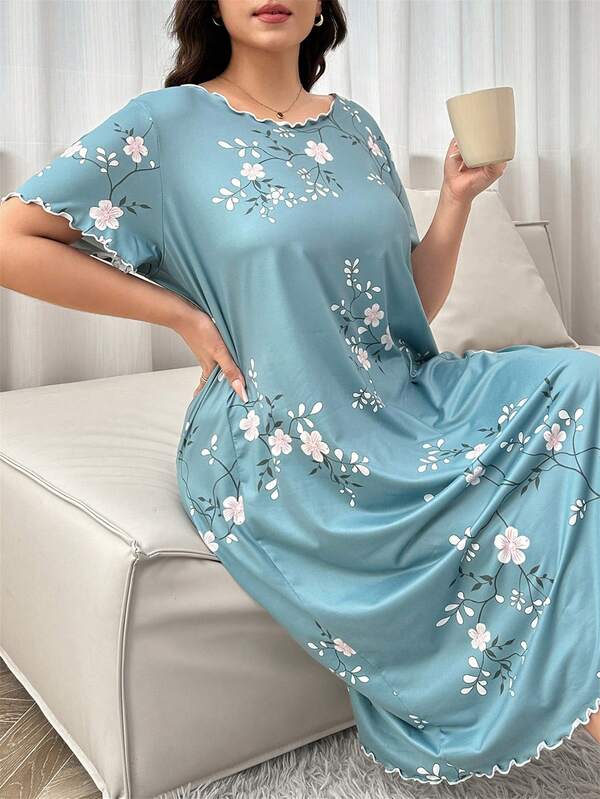 Vestido de dormir de talla grande con estampado de flores de manga corta, Moo Moo