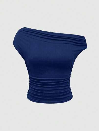 Grunge Punk T-shirt asymétrique à épaules dénudées, froissé et court pour femme, style Y2K Shibuya Girl