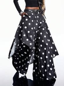 LYSMO 女士波尔卡圆点印花宽松阔腿复古时尚裤 - 黑與白 - 查看 6