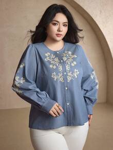 Dazy Plus Plus Size Women Open Front Casual Loose Graphic Print Shirt, Blue, Spring/Autumn Carnival - Blue - View 4