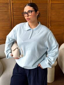 Dazy Plus Plus Size Women Solid Color Polo Collar Half-Placket Casual Pullover Sweater, Autumn/Winter - Blue - View 6