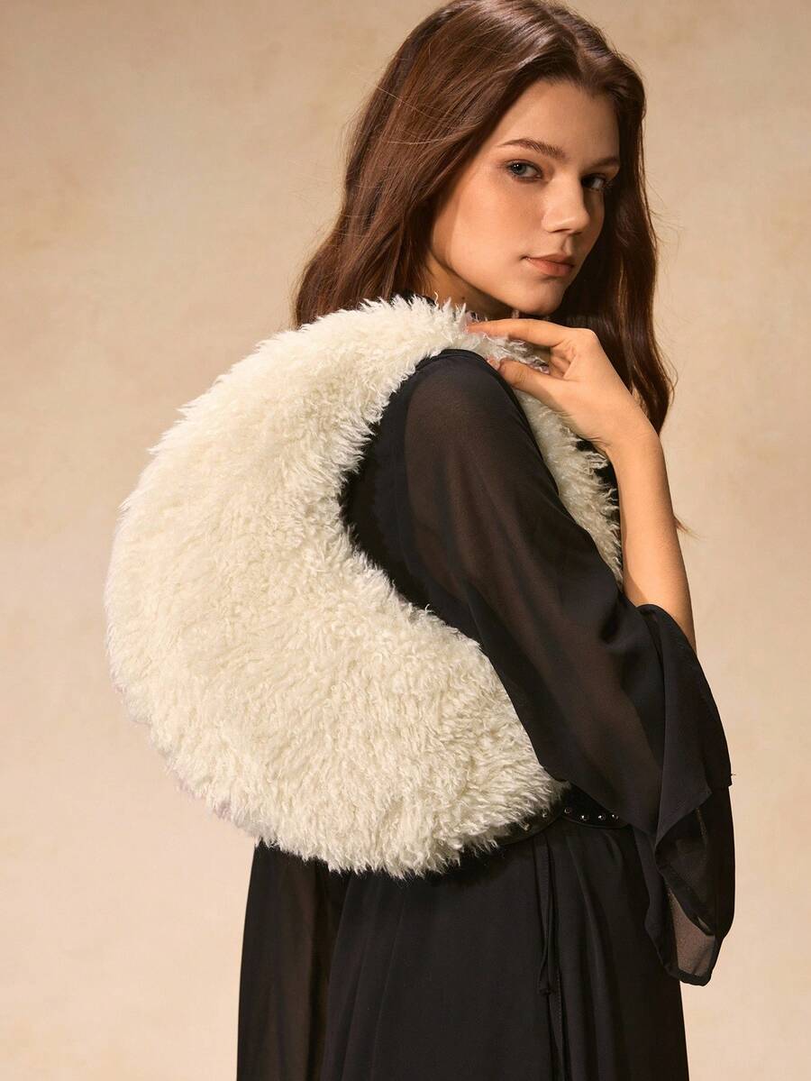 SHECARRY Bolso de hombro de peluche de moda para damas - Beis - Ver 1