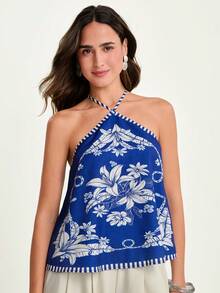 CAJUNI Women's Elegant Vacation Floral Print Backless Halter Neck Casual Vacation Top Women's Tank Top - Multicolor - View 8