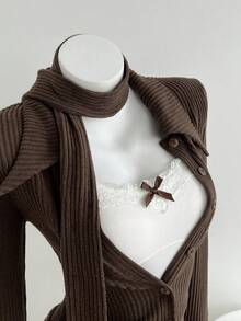 Elamini 棕色针织羊毛罗纹面料两件套，带围巾的开衫，前襟纽扣，翻领，长喇叭袖，开衩下摆，女士修身衬衫，秋冬，时尚，通勤、办公室、教师、学校、优雅、浪漫、休闲日常穿着 - 棕色 - 查看 4