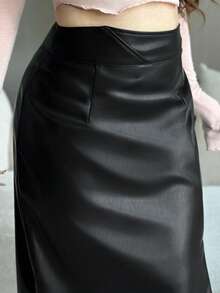 Dazy Plus Plus Size Women Elegant PU Leather Solid Color Casual Straight Skirt With Side Slit - Black - View 1