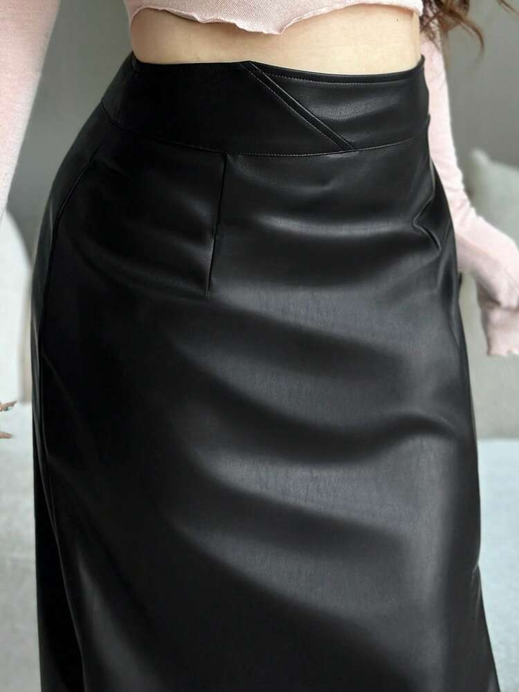 Dazy Plus Plus Size Women Elegant PU Leather Solid Color Casual Straight Skirt With Side Slit