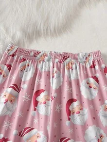 青少年女孩圣诞主题睡衣套装，圣诞老人和雪花全身印花，阻燃，优雅舒适的长袖上衣和裤子，2 件套，节日礼物 - 粉色 - 查看 6
