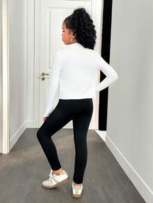 SHEIN 青少年女孩黑色立领拉链针织运动服套装（含紧身裤）、运动套装、运动休闲套装、慢跑套装 - 黑與白 - 查看 2