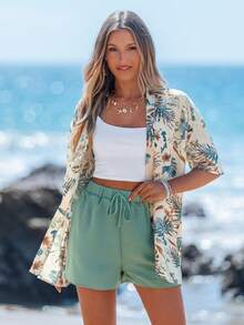 Sylviya 和服风格花卉印花衬衫和蝴蝶结腰短裤优雅休闲度假女装 - 彩色 - 查看 5