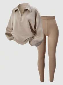 SHEIN 2pcs Women's Casual Thermal Lined Mock Neck Half Zip Long Sleeve Sweatshirt And Skinny Pants Set - Multicolor - View 4