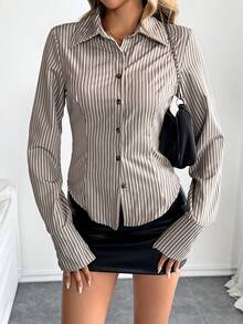 SHEIN Tall 女式长袖单排扣休闲条纹修身衬衫 - 彩色 - 查看 3