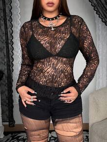 Whyspr Grunge Punk Plus Size Dark Sexy Sheer Mesh Hollow Elastic Long Sleeve Top - Black - View 1