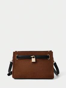 SHECARRY 女士斜挎包，绒面革，PU材质，五金挂锁装饰，时尚，优雅，简约，个性，百搭，经典，适合通勤，办公，约会，日常，购物，下午茶 - 棕色 - 查看 4