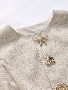 Ellevyn 贝壳金属扣无袖上衣和西装裤套装，优雅时尚，适合通勤和办公室穿着 - 杏色 - 查看 5