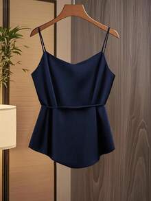 GlowEve 女士时尚休闲 V 领褶皱环绕式蝴蝶结腰带 A 字形吊带背心 - 藏蓝色 - 查看 2