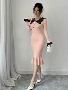 Elenzga Women's Elegant Contrast Color Ruffle Collar Flare Sleeve Fitted Hem Sweater Dress, Autumn/Winter - Pink - View 6