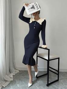 SHEIN Clasi Black & White Contrast Ruffle Hem Knit Dress - Navy Blue - View 3
