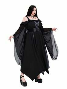 Whyspr Plus Size Women's Gothic Style Color Block Cinched Waist Long Dress - Grey - View 4