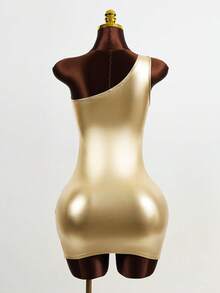 BamGleam 时尚性感撞色网眼拼布紧身迷你连衣裙 - 金色 - 查看 2