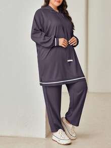 Veilorie 2 Pieces Set Plus Size Solid Color Hooded Sweatshirt And Pants 2 Pieces Set - Purple - View 4